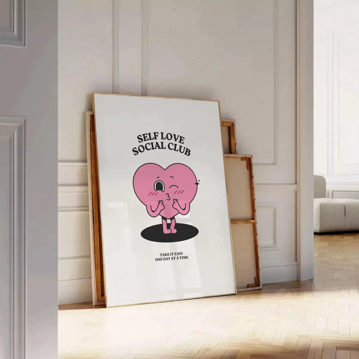 space Self Love Social Club motivational poster chic gray black tones inspiring wall art perfect gift home office style framed decor unique artwork today