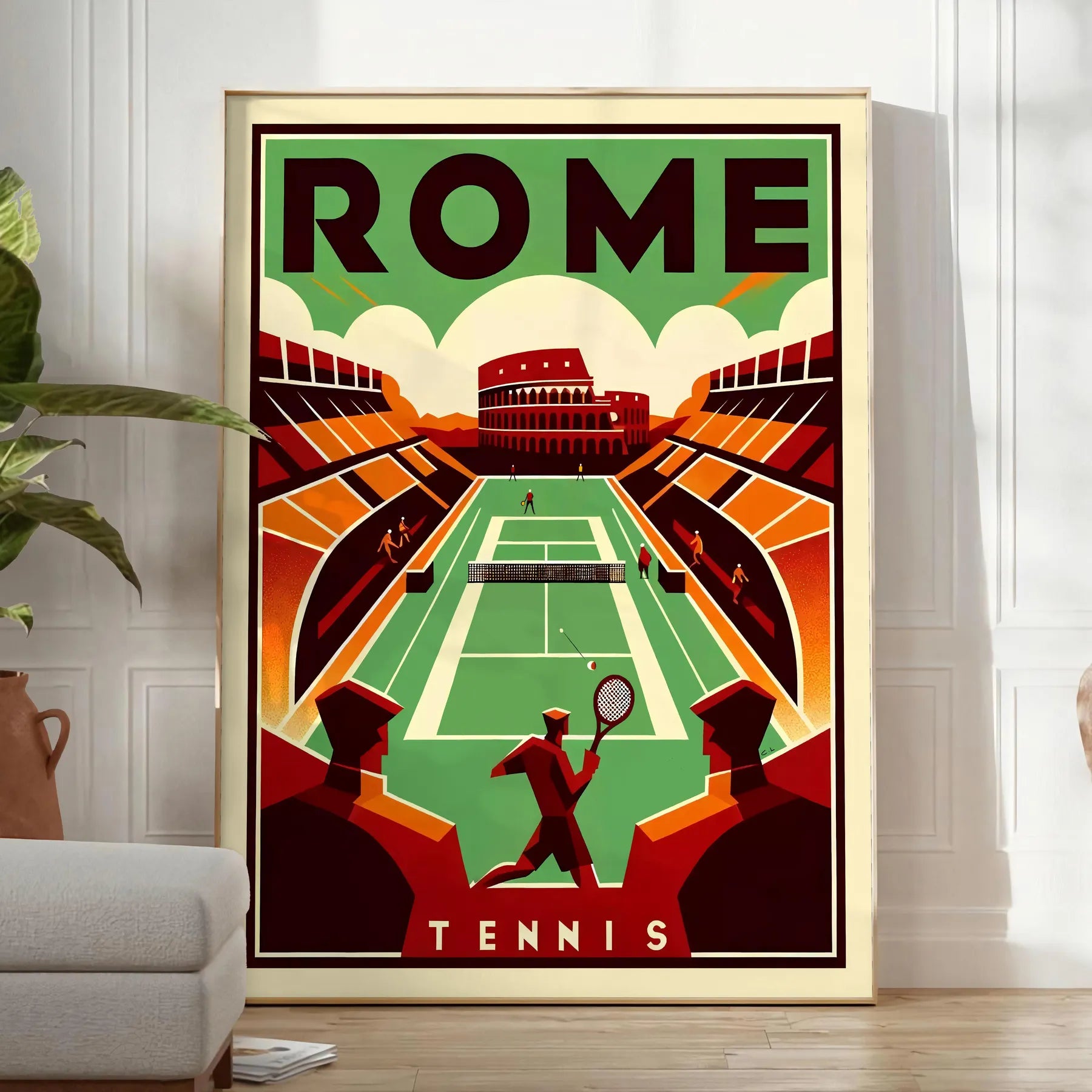 Retro Roma tennis print celebrating iconic Grand Slam tournaments worldwide elegant living room interior framed print