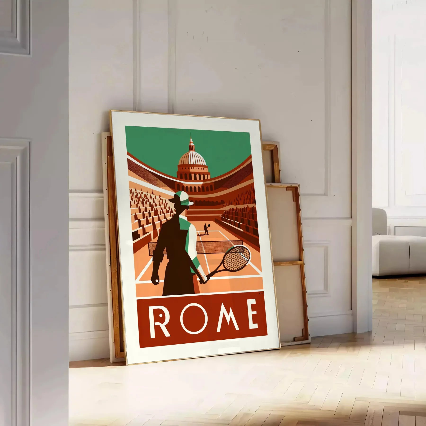 Vintage Roma tennis poster in an Art Deco style for all Grand Slam fans elegant living room interior framed print
