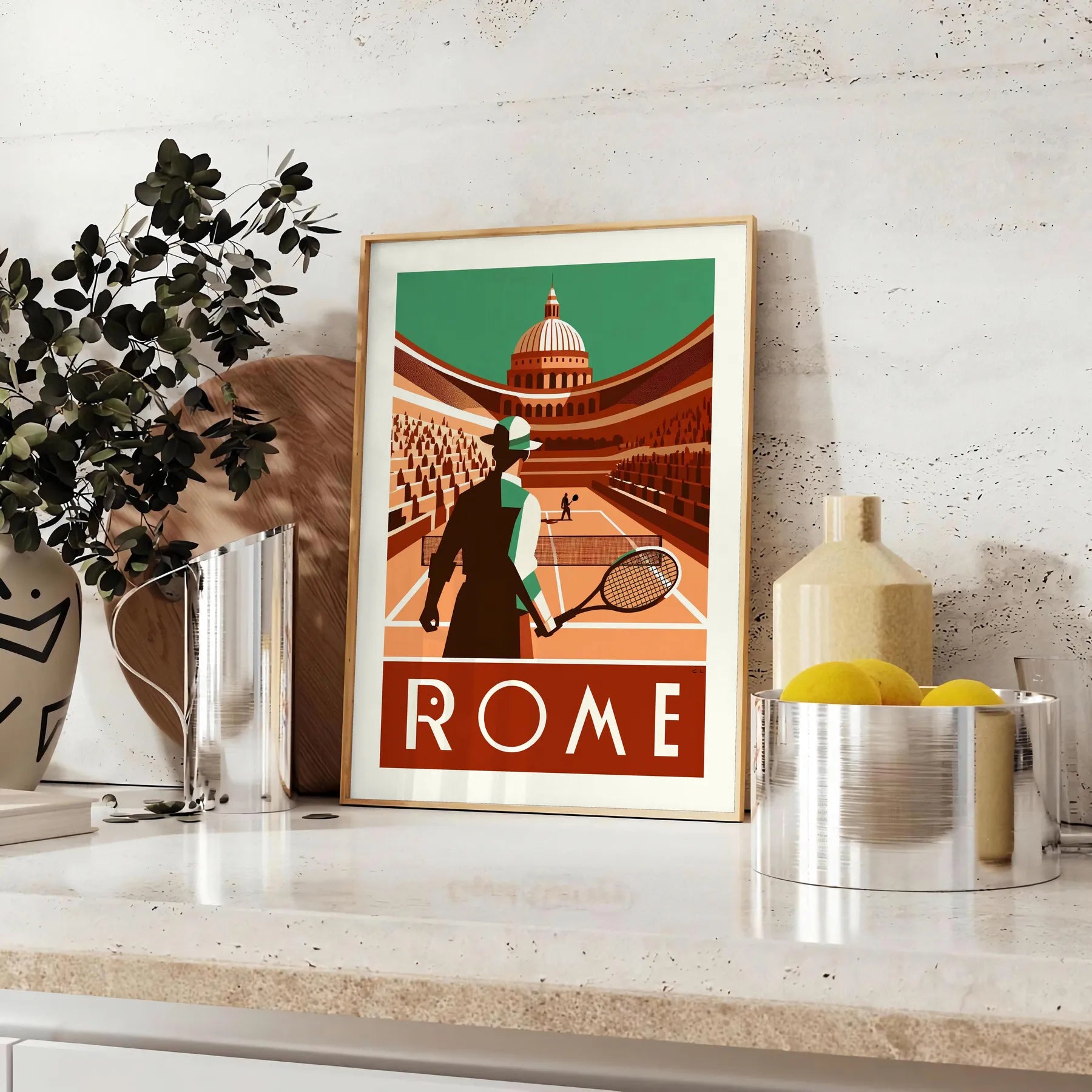 Retro Roma tennis print celebrating iconic Grand Slam tournaments worldwide elegant living room interior framed print