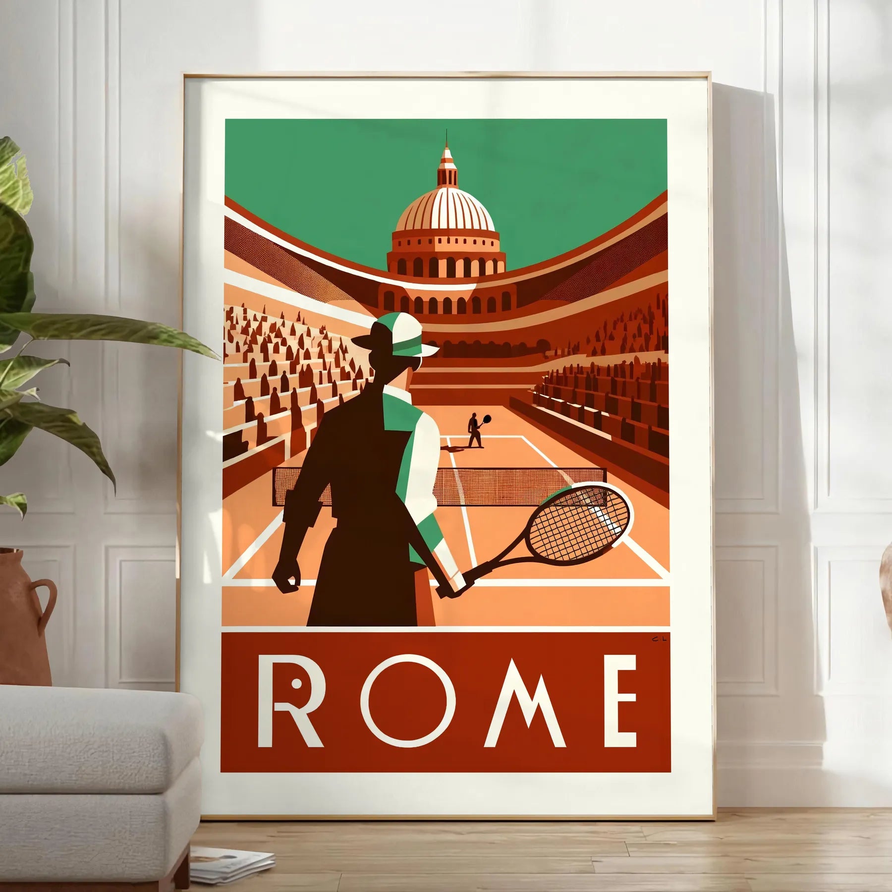 Art Deco Roma tennis poster Grand Slam tournament elegant living room interior framed print