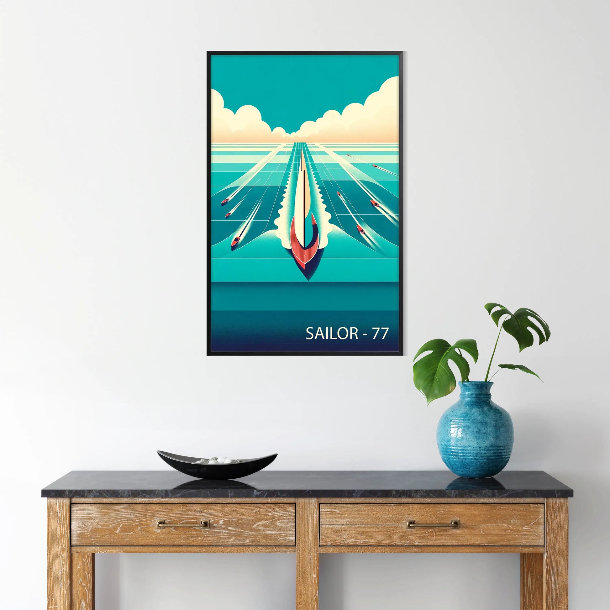 sail serenity vibrant sailing ocean poster blues oranges captivating wall art spirit adventure space perfect gift eye artwork sizes A4 A0 setting