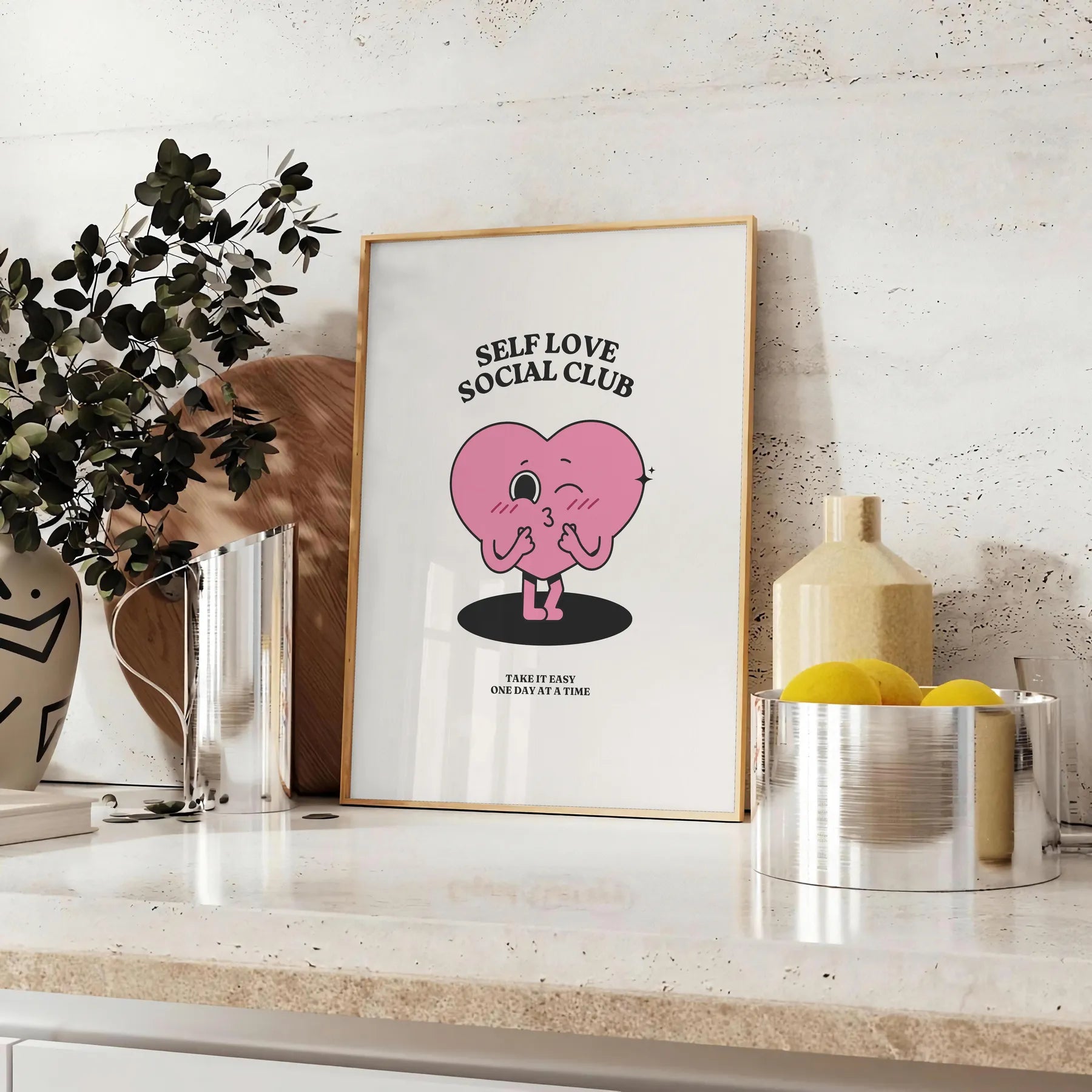 space Self Love Social Club motivational poster chic gray black tones inspiring wall art perfect gift home office style framed decor unique artwork today