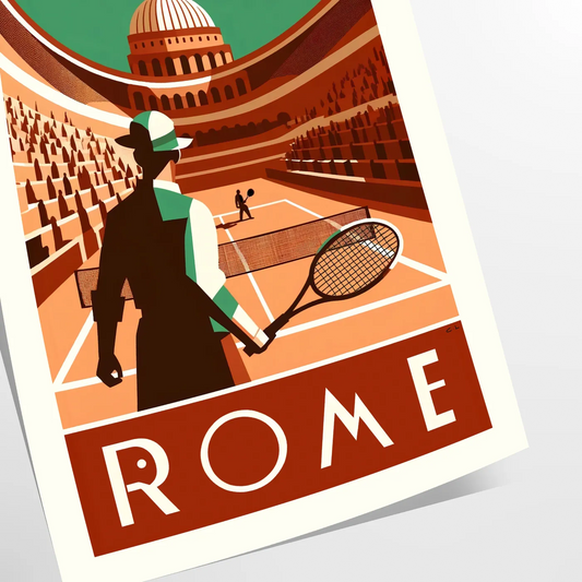 Retro Roma tennis print celebrating iconic Grand Slam tournaments worldwide elegant living room interior framed print