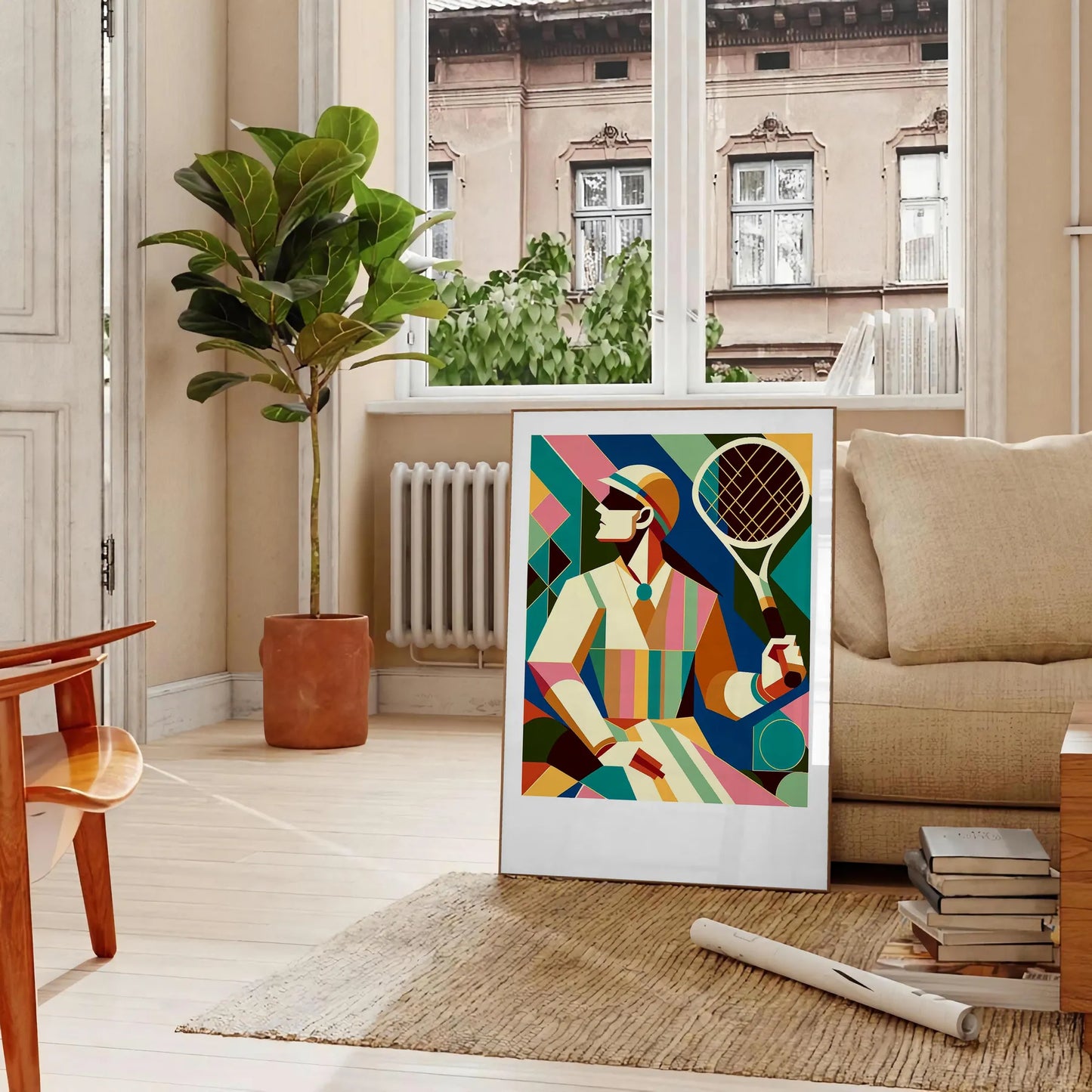 Classic Retro tennis design capturing the spirit of global Grand Slam tournament elegant living room interior framed print